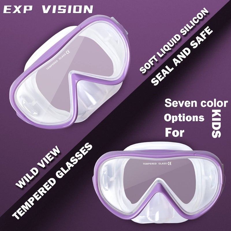 EXP VISION قناع سباحة للغطس للأطفال، قناع غوص مضاد للضباب، نظارات سباحة مع غطاء للأنف للغطس والغوص والسباحة (أرجواني) - Image 3